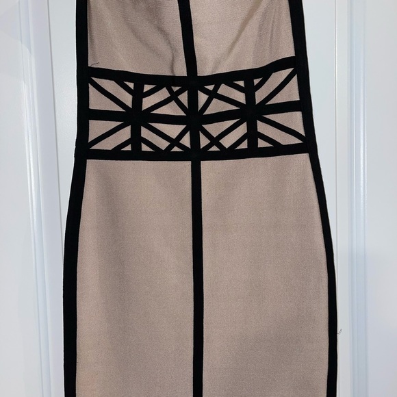 Strapless tan Bebe formal dress with black detail - Picture 3 of 5